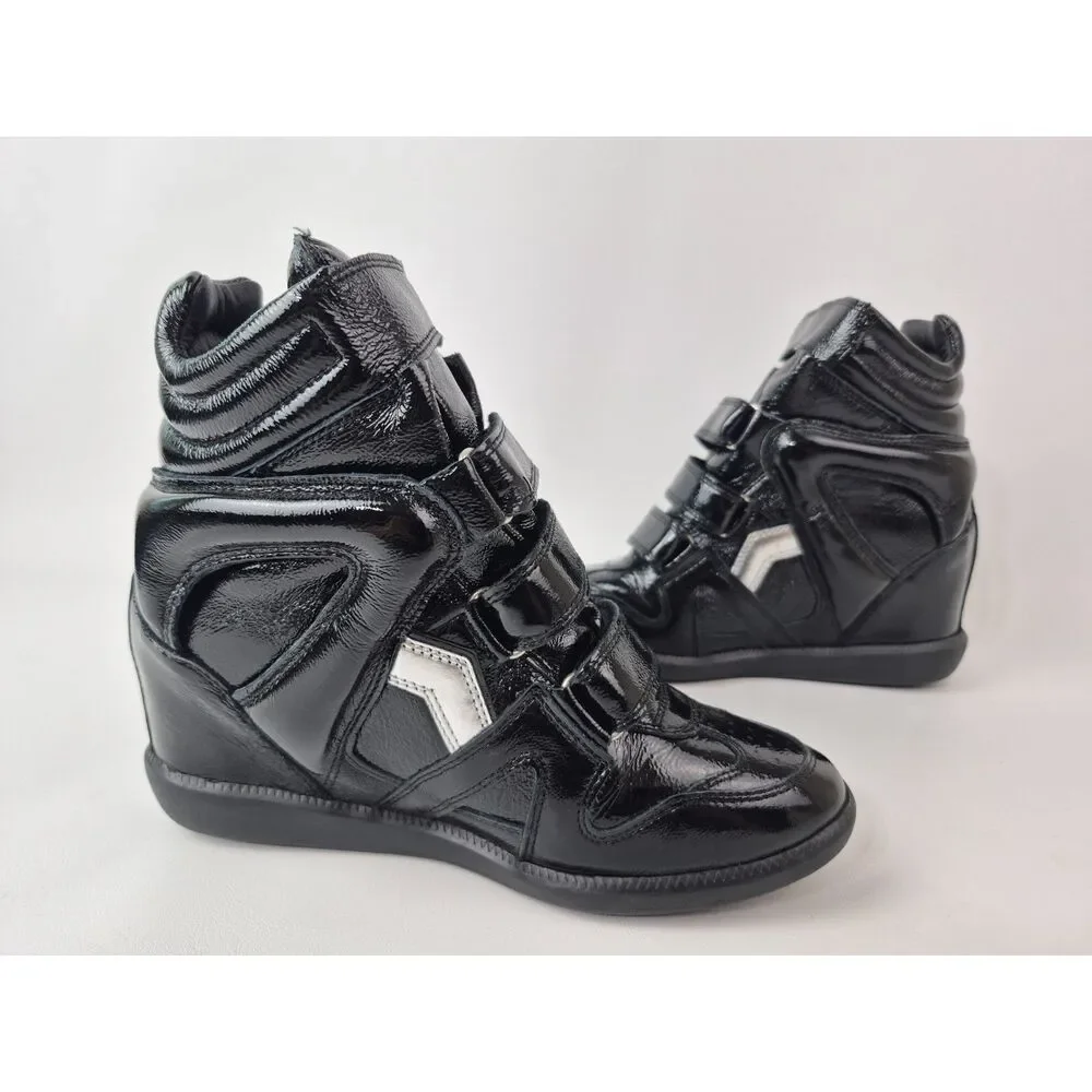 Isabel Marant Black Patent Leather Wedge Sneakers with Silver Accent